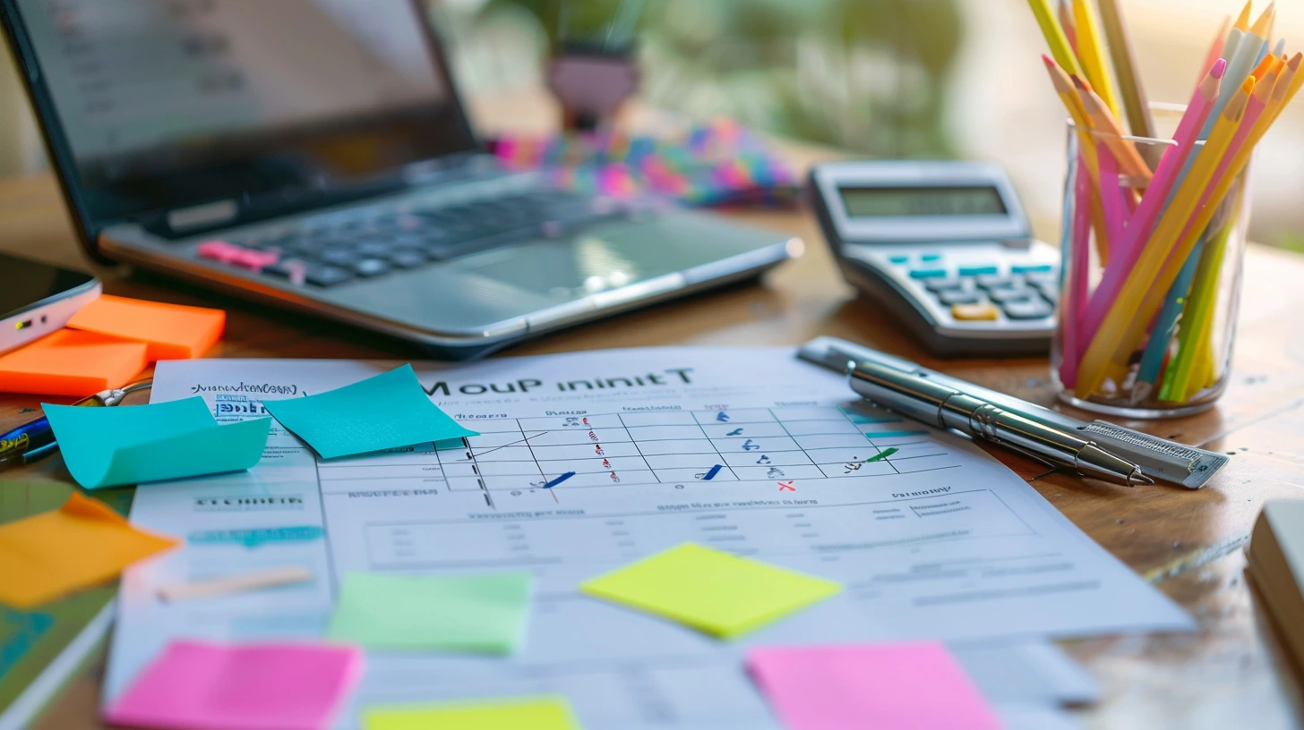 A money MOT checklist with household bills, savings notes and a calculator